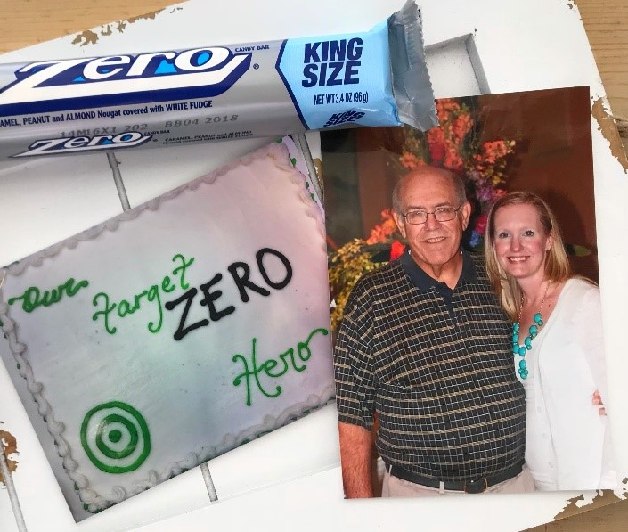 Green Flags of Leadership: Author and Dad in photo next to a photo of his retirement cake that reads, Our Target Zero Hero, with a Zero candy bar above. 