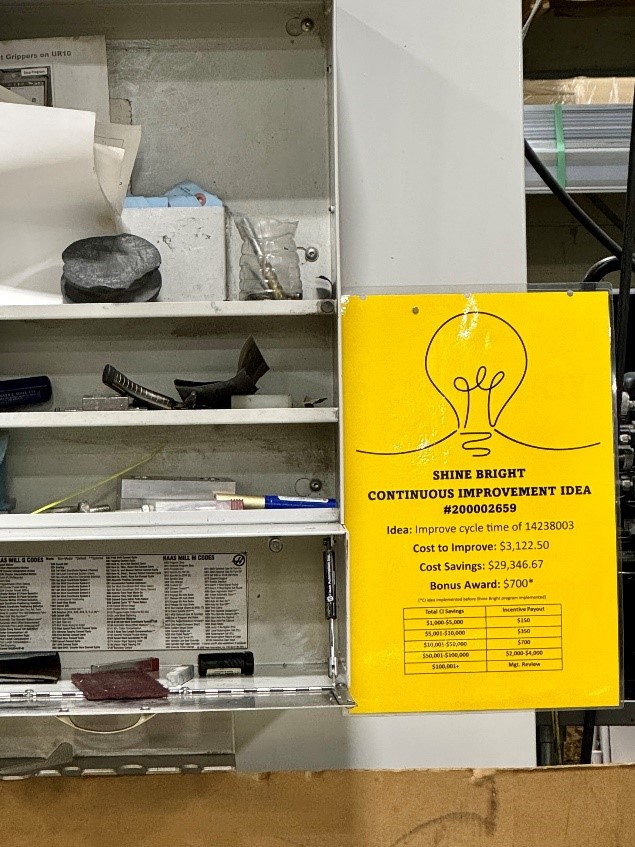 Green Flags of Leadership: Alexandria Industries demonstrating their Shine Bright Continuous Improvement Idea sign applauding their employees contribution.